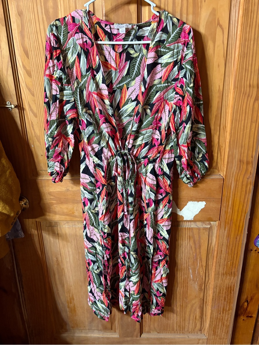 LOFT Black Tropical Leaf Tie-Waist Midi Dress